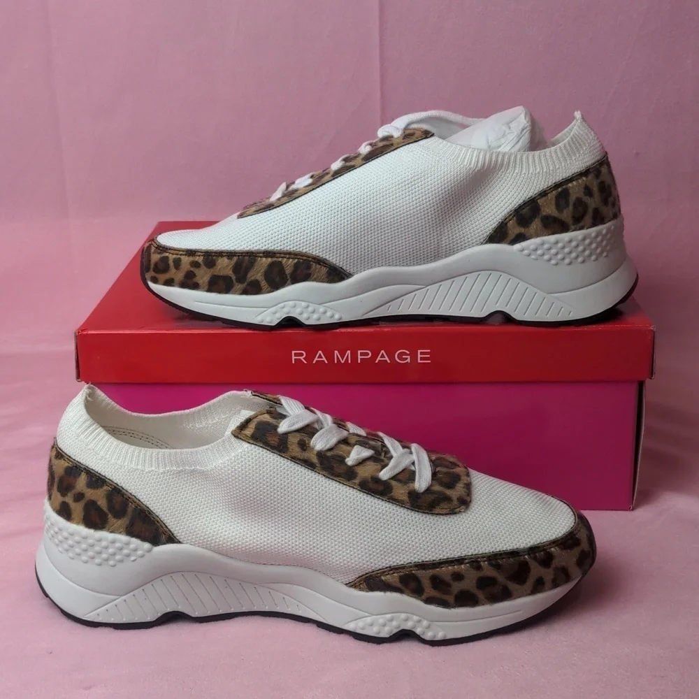 Rampage Raine Knit and Calf Hair White and Leopard Print Sneakers